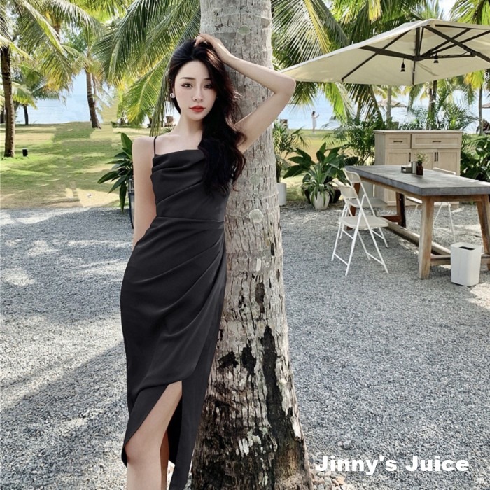 現貨❤️法式緞面洋裝 氣質洋裝 派對洋裝 落領洋裝 不規則洋裝 開衩洋裝 法式洋裝 登記結婚洋裝 緞面洋裝 正式洋裝-細節圖5