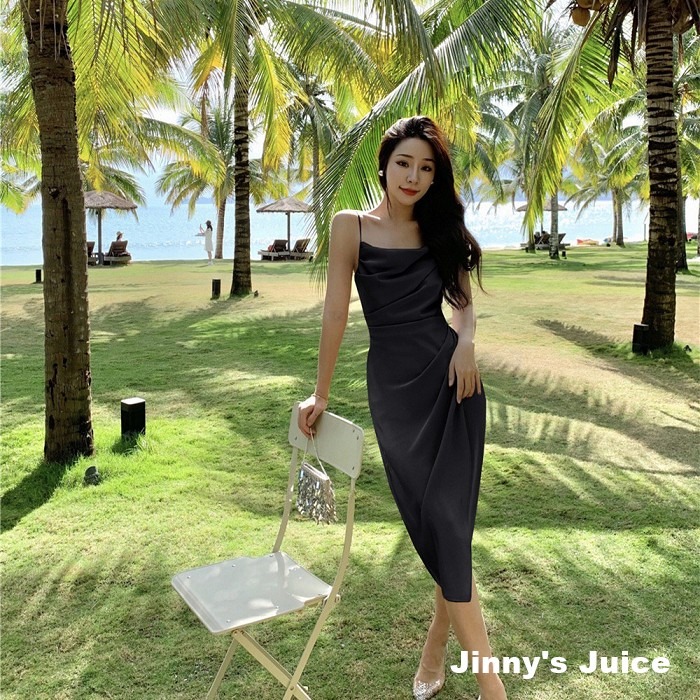 現貨❤️法式緞面洋裝 氣質洋裝 派對洋裝 落領洋裝 不規則洋裝 開衩洋裝 法式洋裝 登記結婚洋裝 緞面洋裝 正式洋裝-細節圖9