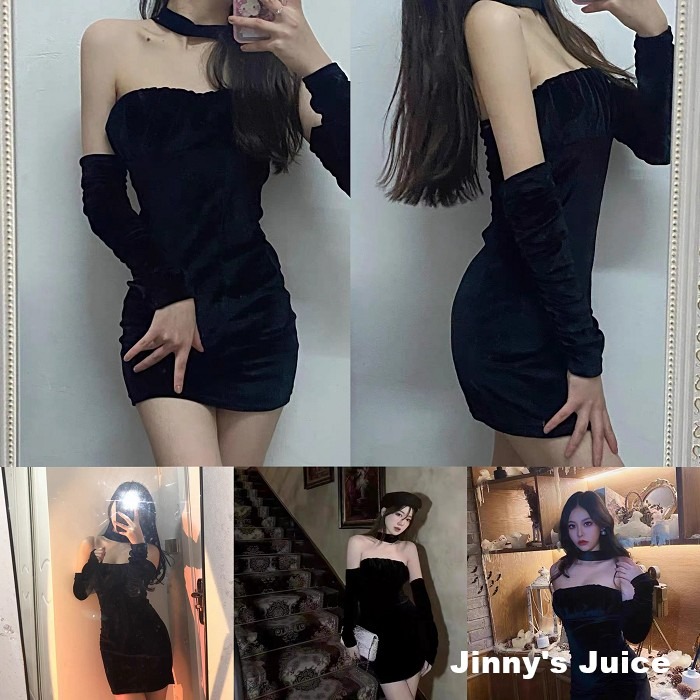 現貨 絲絨袖套掛脖洋裝 絲絨洋裝 平口洋裝 包臀洋裝 袖套洋裝 掛脖洋裝 性感洋裝 短裙洋裝 絲絨短裙洋裝 秋冬洋裝-細節圖8