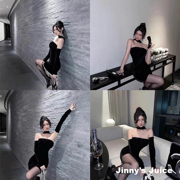 現貨 絲絨袖套掛脖洋裝 絲絨洋裝 平口洋裝 包臀洋裝 袖套洋裝 掛脖洋裝 性感洋裝 短裙洋裝 絲絨短裙洋裝 秋冬洋裝-細節圖9