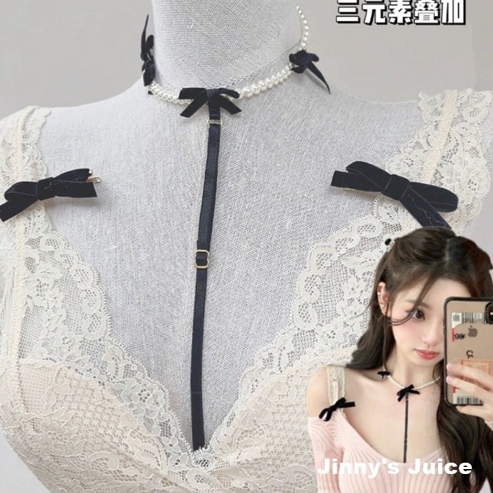 現貨 性感露肩針織上衣+珍珠蝴蝶結項鍊+蕾絲內衣 性感內衣 針織上衣 深V上衣 性感上衣 蝴蝶結上衣 珍珠上衣 蝴蝶結-細節圖4