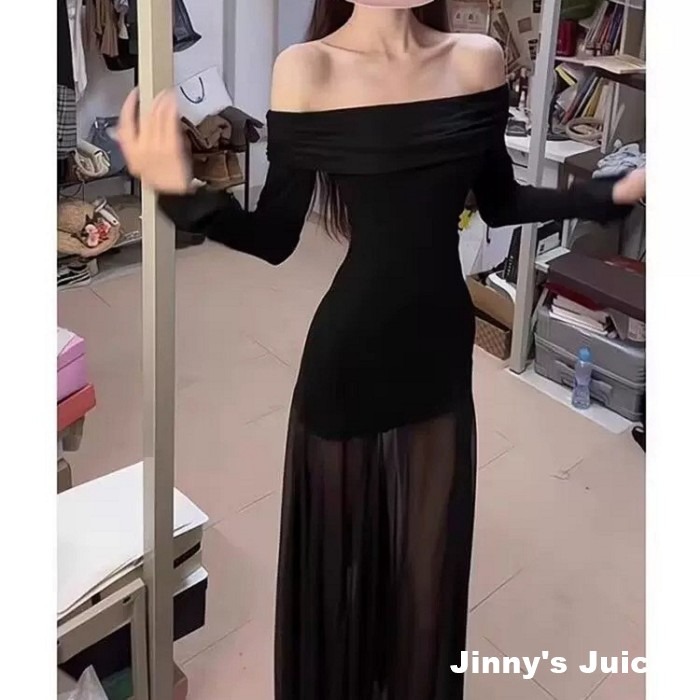 現貨 黑色網紗拼接一字領洋裝 長裙洋裝 網紗洋裝 黑色洋裝 一字領洋裝 網紗拼接洋裝 氣質洋裝 正式洋裝-細節圖2