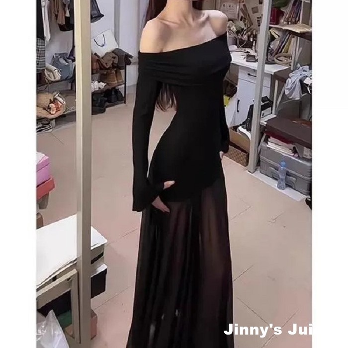 現貨 黑色網紗拼接一字領洋裝 長裙洋裝 網紗洋裝 黑色洋裝 一字領洋裝 網紗拼接洋裝 氣質洋裝 正式洋裝-細節圖4