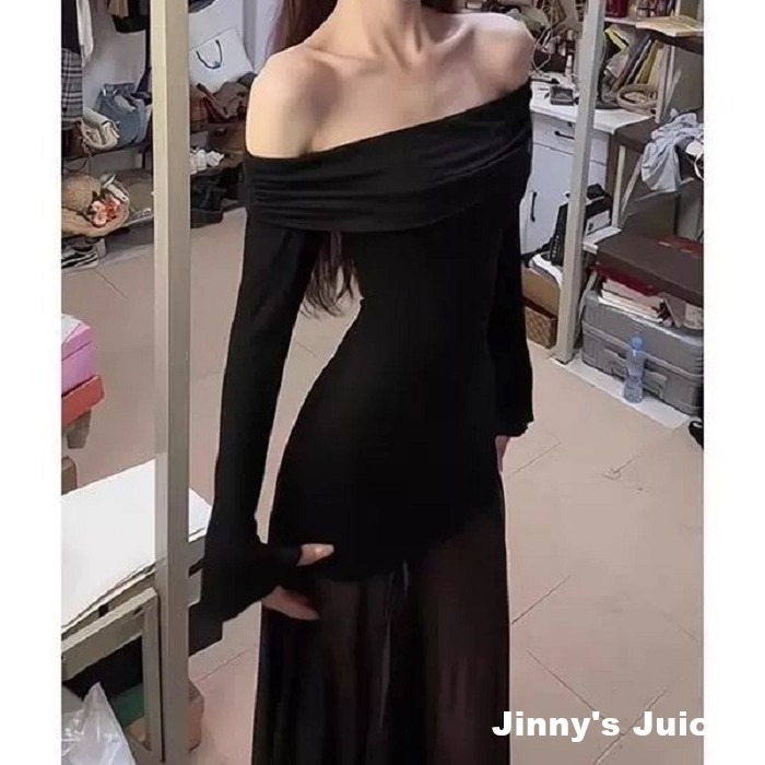 現貨 黑色網紗拼接一字領洋裝 長裙洋裝 網紗洋裝 黑色洋裝 一字領洋裝 網紗拼接洋裝 氣質洋裝 正式洋裝-細節圖5