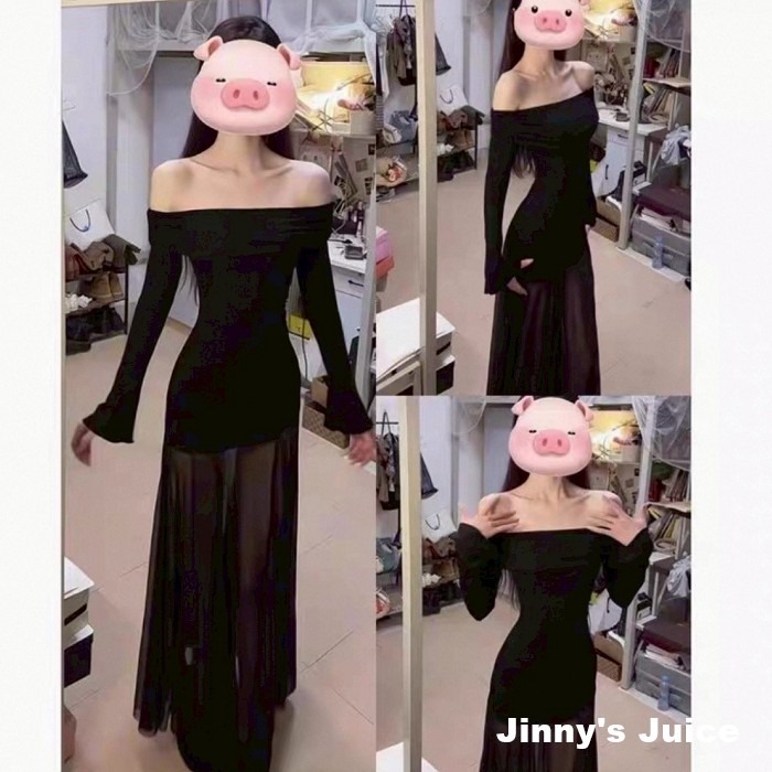 現貨 黑色網紗拼接一字領洋裝 長裙洋裝 網紗洋裝 黑色洋裝 一字領洋裝 網紗拼接洋裝 氣質洋裝 正式洋裝-細節圖6