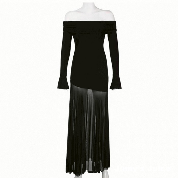 現貨 黑色網紗拼接一字領洋裝 長裙洋裝 網紗洋裝 黑色洋裝 一字領洋裝 網紗拼接洋裝 氣質洋裝 正式洋裝-細節圖7