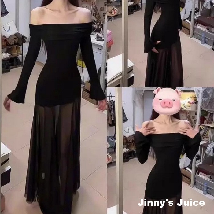 現貨 黑色網紗拼接一字領洋裝 長裙洋裝 網紗洋裝 黑色洋裝 一字領洋裝 網紗拼接洋裝 氣質洋裝 正式洋裝-細節圖9