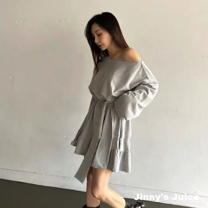 現貨 韓國斜肩膀帶洋裝 斜肩洋裝 綁帶洋裝 荷葉裙洋裝 長袖洋裝 斜肩長袖洋裝 露肩洋裝 韓國洋裝 傘裙洋裝 韓系洋裝-細節圖5