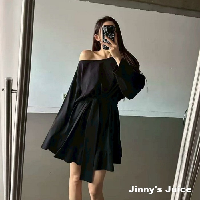 現貨 韓國斜肩膀帶洋裝 斜肩洋裝 綁帶洋裝 荷葉裙洋裝 長袖洋裝 斜肩長袖洋裝 露肩洋裝 韓國洋裝 傘裙洋裝 韓系洋裝-細節圖7