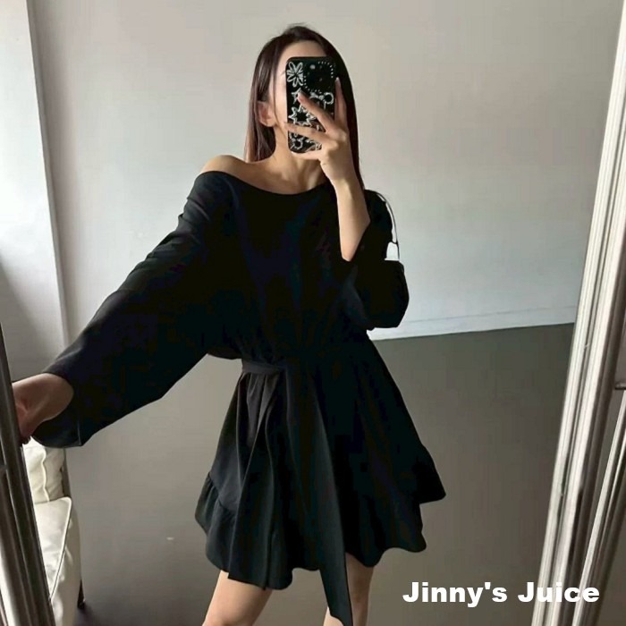 現貨 韓國斜肩膀帶洋裝 斜肩洋裝 綁帶洋裝 荷葉裙洋裝 長袖洋裝 斜肩長袖洋裝 露肩洋裝 韓國洋裝 傘裙洋裝 韓系洋裝-細節圖9