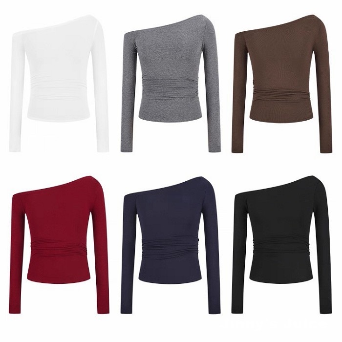 現貨❤️斜肩性感合身上衣 露肩上衣 長袖上衣 斜肩上衣 素色上衣 薄長袖 斜肩長袖上衣 秋冬上衣 薄素T 合身上衣-細節圖8