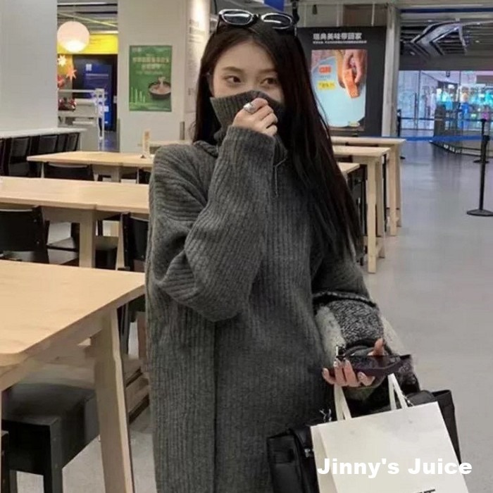 現貨 高領針織寬松毛衣 高領洋裝 高領長版上衣 長袖上衣 高領長袖上衣 寬鬆毛衣 一件式毛衣 下半身失蹤毛衣 高領毛衣-細節圖5