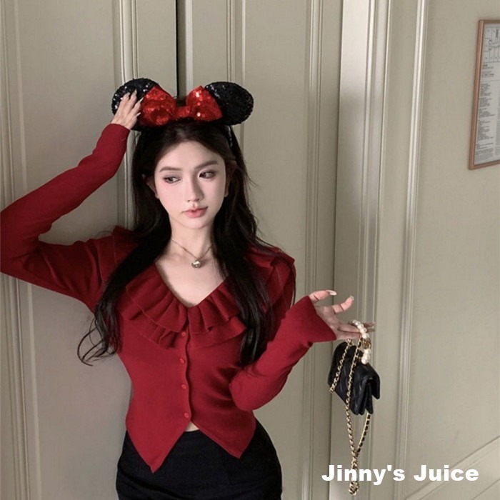 現貨 荷葉邊針織上衣 黑色上衣 紅色上衣 排釦上衣 一字領上衣 荷葉邊上衣 針織上衣 秋冬上衣 百搭上衣 氣質上衣-細節圖5