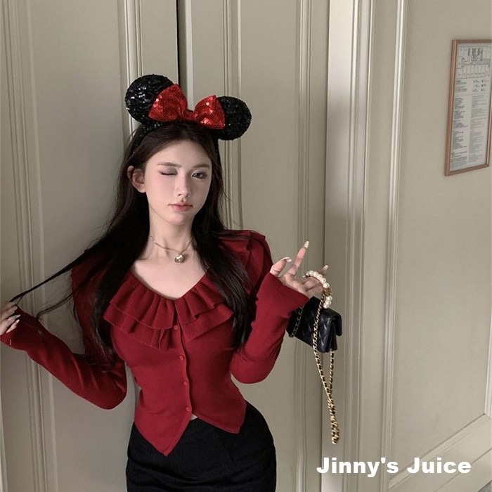 現貨 荷葉邊針織上衣 黑色上衣 紅色上衣 排釦上衣 一字領上衣 荷葉邊上衣 針織上衣 秋冬上衣 百搭上衣 氣質上衣-細節圖6