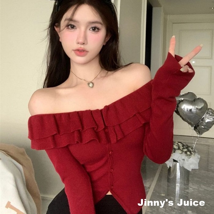 現貨 荷葉邊針織上衣 黑色上衣 紅色上衣 排釦上衣 一字領上衣 荷葉邊上衣 針織上衣 秋冬上衣 百搭上衣 氣質上衣-細節圖8