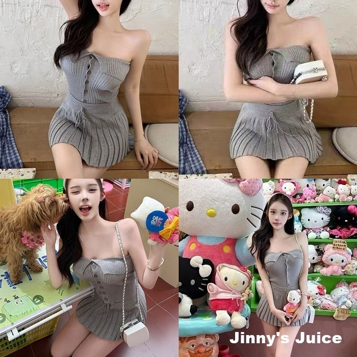 現貨 小翻領平口上衣+百褶小短裙 純慾套裝 純慾洋裝 百褶裙洋裝 百褶裙套裝 性感套裝 性感洋裝 平口洋裝 平口套裝-細節圖5