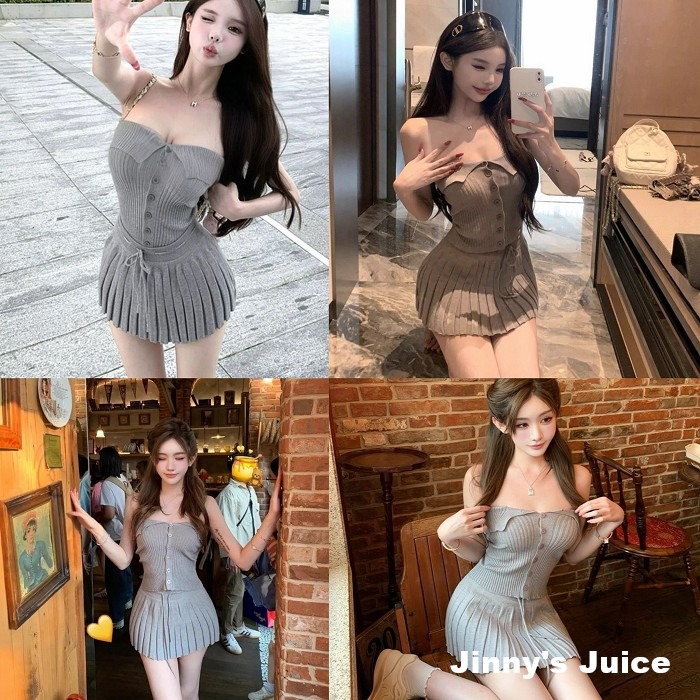 現貨 小翻領平口上衣+百褶小短裙 純慾套裝 純慾洋裝 百褶裙洋裝 百褶裙套裝 性感套裝 性感洋裝 平口洋裝 平口套裝-細節圖6