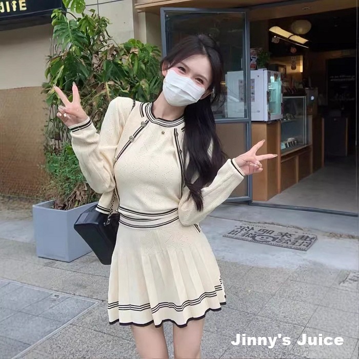 現貨 三件式針織套裝 針織外套 針織背心 針織短裙 百褶短裙 套裝 三件式 針織套裝 休閒套裝 秋冬套裝 秋冬洋裝-細節圖2