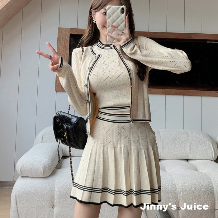 現貨 三件式針織套裝 針織外套 針織背心 針織短裙 百褶短裙 套裝 三件式 針織套裝 休閒套裝 秋冬套裝 秋冬洋裝-細節圖4