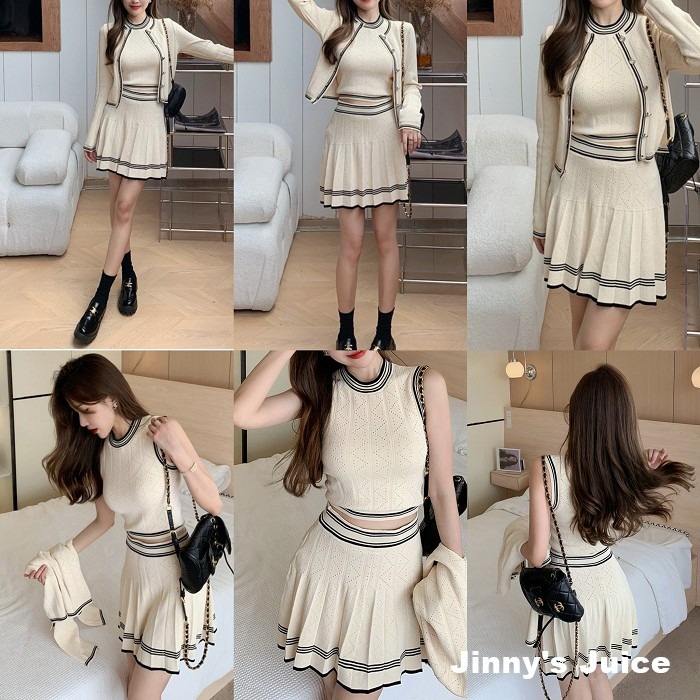 現貨 三件式針織套裝 針織外套 針織背心 針織短裙 百褶短裙 套裝 三件式 針織套裝 休閒套裝 秋冬套裝 秋冬洋裝-細節圖5