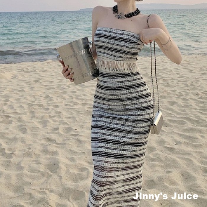 現貨 針織洞洞條紋流蘇套裝 平口洋裝 條紋套裝 波西米亞 長裙洋裝 流蘇洋裝 針織洋裝 條紋洋裝 復古洋裝 渡假洋裝-細節圖3