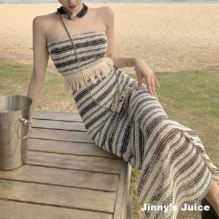 現貨 針織洞洞條紋流蘇套裝 平口洋裝 條紋套裝 波西米亞 長裙洋裝 流蘇洋裝 針織洋裝 條紋洋裝 復古洋裝 渡假洋裝-細節圖6