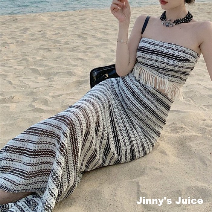 現貨 針織洞洞條紋流蘇套裝 平口洋裝 條紋套裝 波西米亞 長裙洋裝 流蘇洋裝 針織洋裝 條紋洋裝 復古洋裝 渡假洋裝-細節圖8