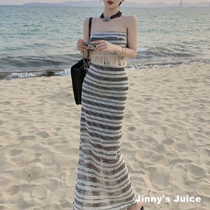 現貨 針織洞洞條紋流蘇套裝 平口洋裝 條紋套裝 波西米亞 長裙洋裝 流蘇洋裝 針織洋裝 條紋洋裝 復古洋裝 渡假洋裝-細節圖9