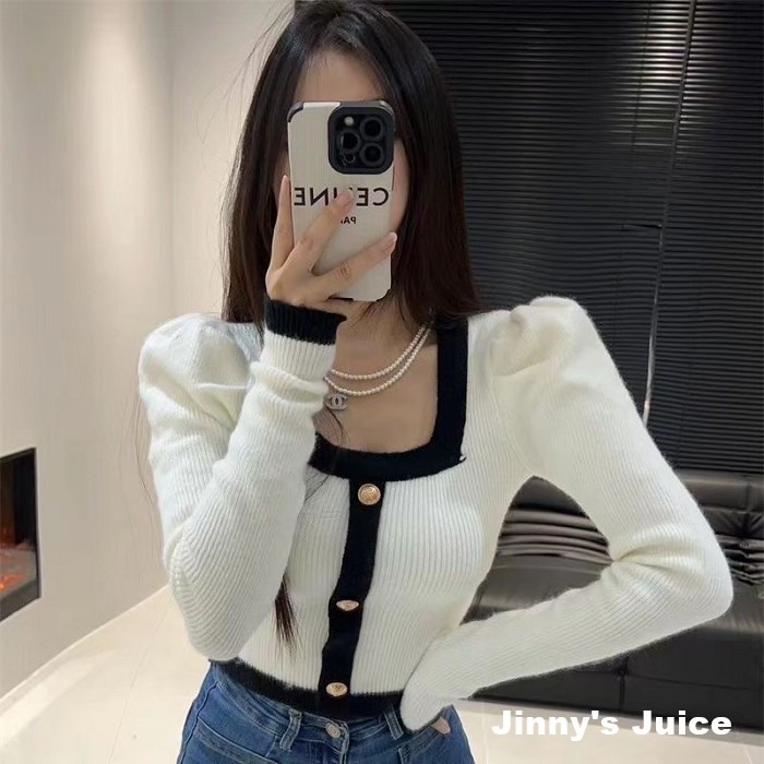 現貨 小香風方領澎袖上衣 小香風上衣 氣質上衣長袖上衣 公主袖上衣 澎袖上衣 方領上衣 針織上衣 秋冬上衣 短版上衣-細節圖3