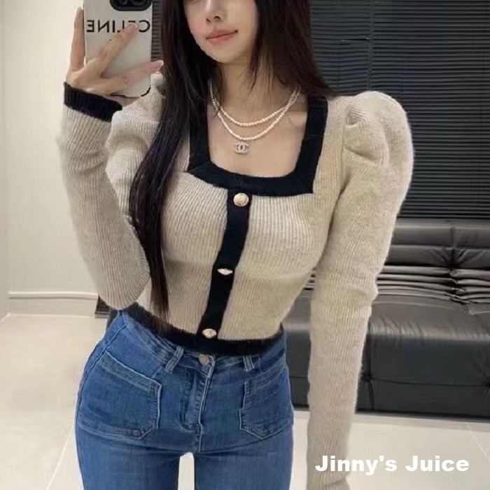 現貨 小香風方領澎袖上衣 小香風上衣 氣質上衣長袖上衣 公主袖上衣 澎袖上衣 方領上衣 針織上衣 秋冬上衣 短版上衣-細節圖7