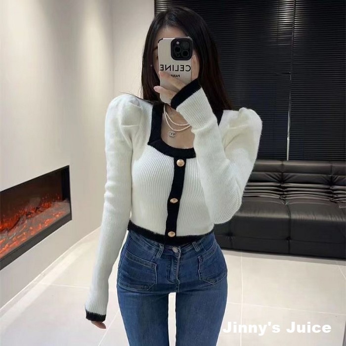 現貨 小香風方領澎袖上衣 小香風上衣 氣質上衣長袖上衣 公主袖上衣 澎袖上衣 方領上衣 針織上衣 秋冬上衣 短版上衣-細節圖8