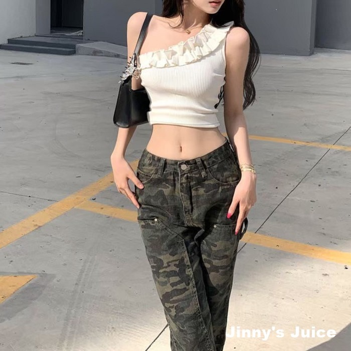 現貨 花邊時尚斜肩針織背心 斜肩背心 花邊背心 斜肩上衣 波浪邊上衣 針織背心 造型上衣 造型背心 短版背心 外搭背心-細節圖6