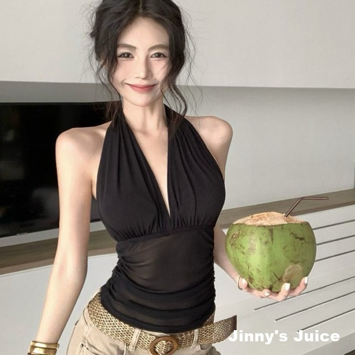 現貨 歐美性感網紗微透視掛脖露背上衣 性感上衣 掛脖上衣 露背上衣 深v上衣 歐美背心 網紗背心 性感背心 掛脖背心-細節圖9