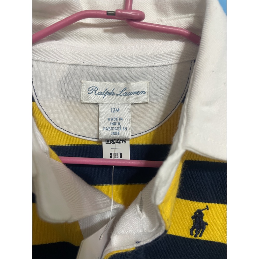 全新 12m Ralph Lauren polo 彩色小馬綠黃藍條紋長袖連身衣-細節圖3