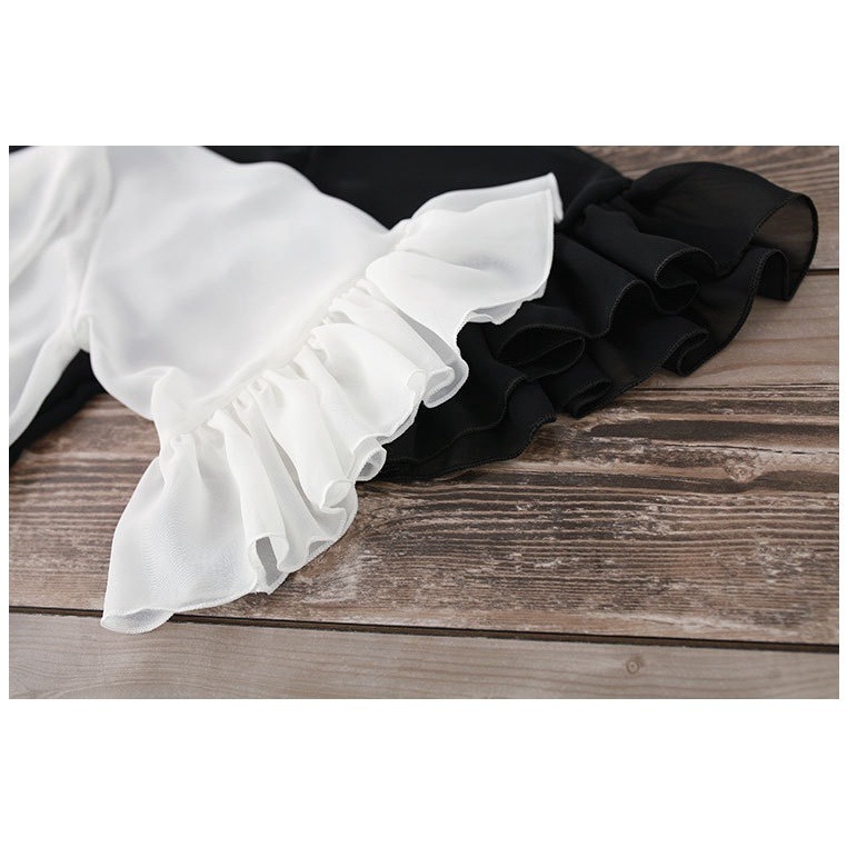 現貨黑1件_078037-LE2393日韓原單森林系女孩仙女飄飄無扣不規則下擺透視寬鬆荷葉喇叭袖七分袖長款雪紡外套-細節圖4