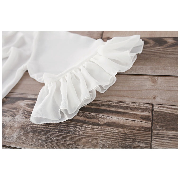 現貨黑1件_078037-LE2393日韓原單森林系女孩仙女飄飄無扣不規則下擺透視寬鬆荷葉喇叭袖七分袖長款雪紡外套-細節圖5