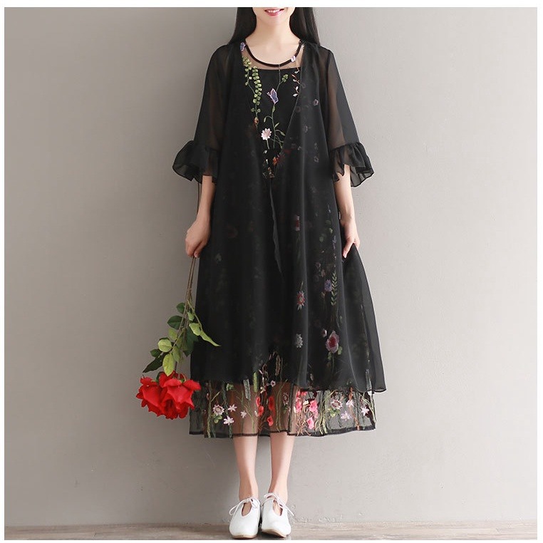 現貨黑1件_078037-LE2393日韓原單森林系女孩仙女飄飄無扣不規則下擺透視寬鬆荷葉喇叭袖七分袖長款雪紡外套-細節圖6