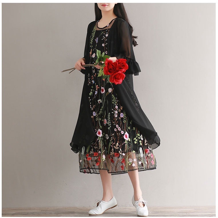 現貨黑1件_078037-LE2393日韓原單森林系女孩仙女飄飄無扣不規則下擺透視寬鬆荷葉喇叭袖七分袖長款雪紡外套-細節圖8