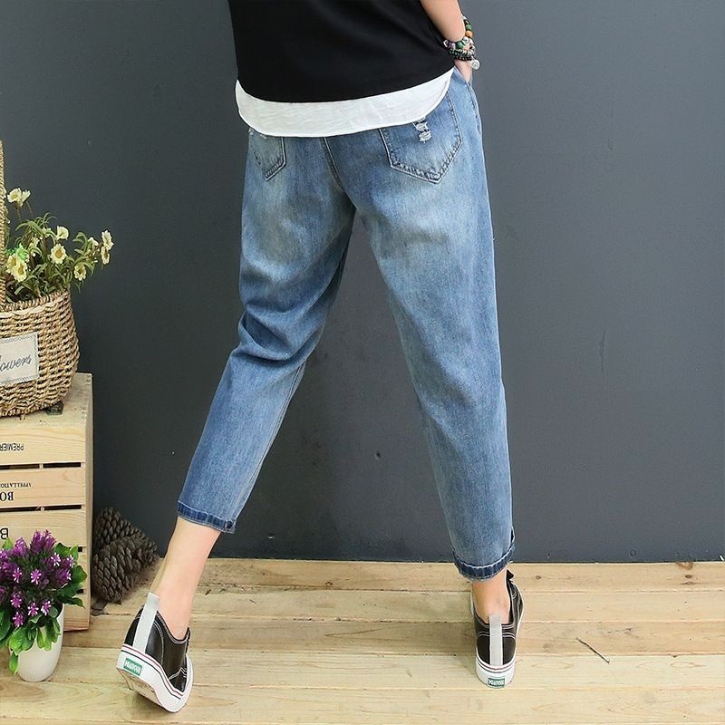 現貨M碼_I751.81044594韓版個性寬鬆八九分牛仔褲子女高腰顯瘦休閒繫帶彈性鬆緊腰圍刺繡貓咪抓痕破洞裝飾刷白水洗-細節圖3