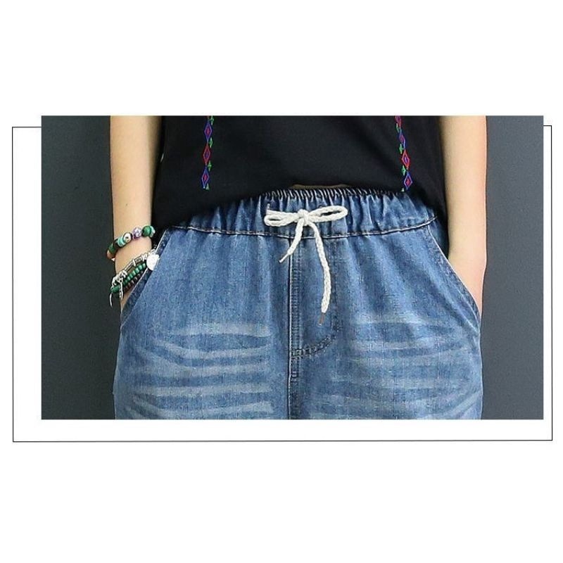 現貨M碼_I751.81044594韓版個性寬鬆八九分牛仔褲子女高腰顯瘦休閒繫帶彈性鬆緊腰圍刺繡貓咪抓痕破洞裝飾刷白水洗-細節圖4