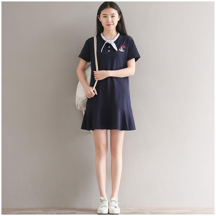 現貨藏青色XL碼_224257-LE1888日韓森林系女孩水手運動風帆船刺繡條紋領巾拼接短袖棉質波浪裙擺洋裝連身裙網球裝-細節圖2