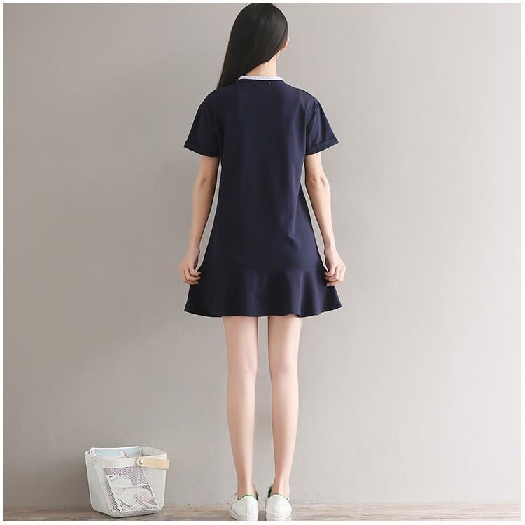 現貨藏青色XL碼_224257-LE1888日韓森林系女孩水手運動風帆船刺繡條紋領巾拼接短袖棉質波浪裙擺洋裝連身裙網球裝-細節圖4