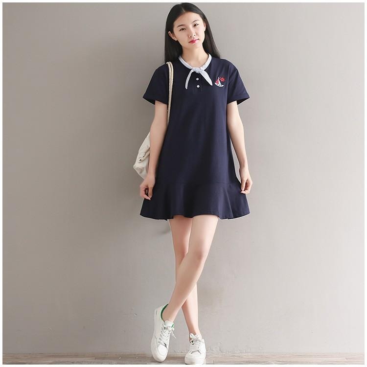 現貨藏青色XL碼_224257-LE1888日韓森林系女孩水手運動風帆船刺繡條紋領巾拼接短袖棉質波浪裙擺洋裝連身裙網球裝-細節圖5