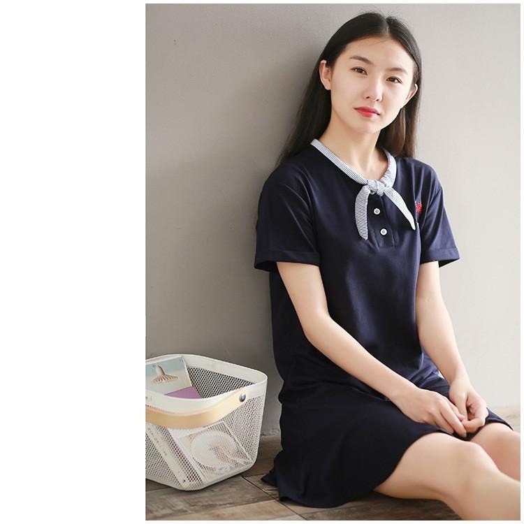 現貨藏青色XL碼_224257-LE1888日韓森林系女孩水手運動風帆船刺繡條紋領巾拼接短袖棉質波浪裙擺洋裝連身裙網球裝-細節圖6