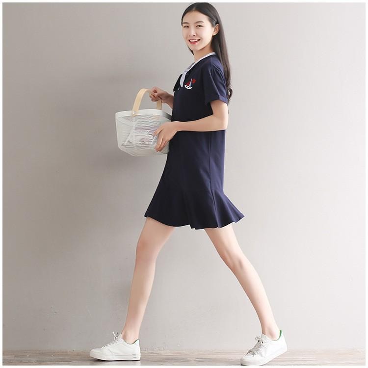 現貨藏青色XL碼_224257-LE1888日韓森林系女孩水手運動風帆船刺繡條紋領巾拼接短袖棉質波浪裙擺洋裝連身裙網球裝-細節圖7