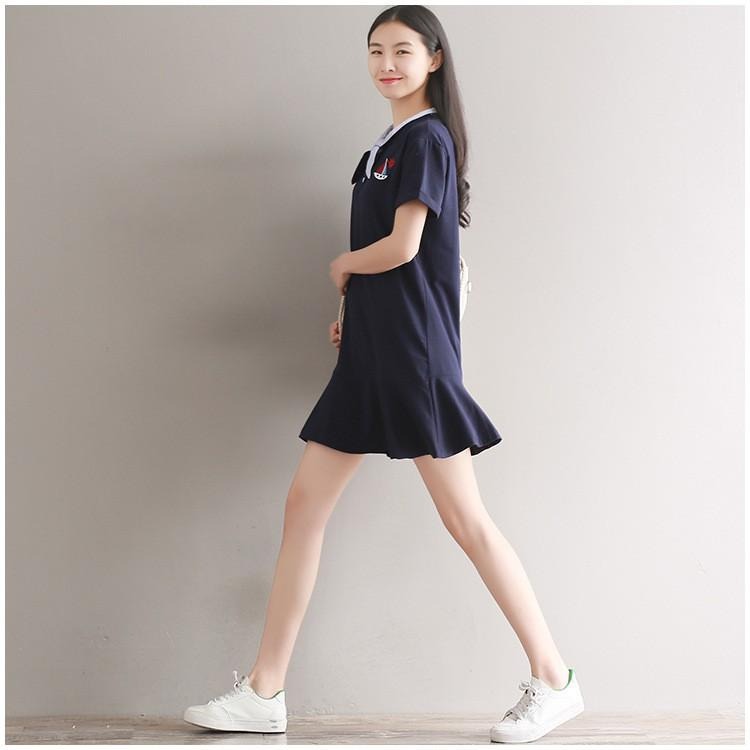 現貨藏青色XL碼_224257-LE1888日韓森林系女孩水手運動風帆船刺繡條紋領巾拼接短袖棉質波浪裙擺洋裝連身裙網球裝-細節圖8