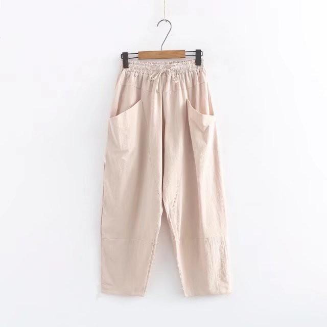 現貨藏青格 392708-LF3267森女民族風寬鬆大尺碼休閒日系棉麻繫帶抽繩彈性腰圍高腰九分褲袴褲飛鼠褲老爺褲子家居服-細節圖2