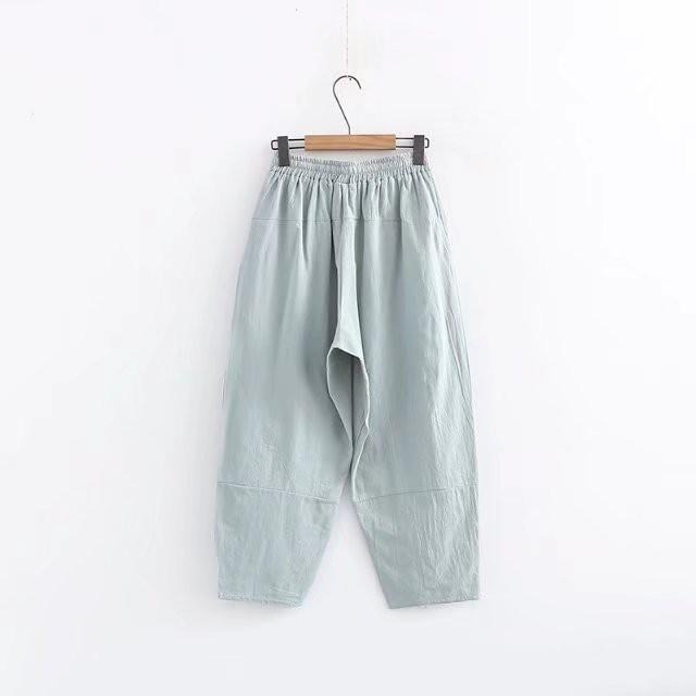 現貨藏青格 392708-LF3267森女民族風寬鬆大尺碼休閒日系棉麻繫帶抽繩彈性腰圍高腰九分褲袴褲飛鼠褲老爺褲子家居服-細節圖3