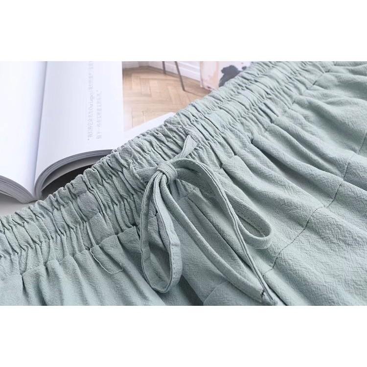 現貨藏青格 392708-LF3267森女民族風寬鬆大尺碼休閒日系棉麻繫帶抽繩彈性腰圍高腰九分褲袴褲飛鼠褲老爺褲子家居服-細節圖5
