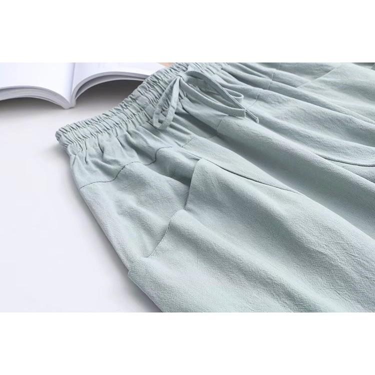 現貨藏青格 392708-LF3267森女民族風寬鬆大尺碼休閒日系棉麻繫帶抽繩彈性腰圍高腰九分褲袴褲飛鼠褲老爺褲子家居服-細節圖6